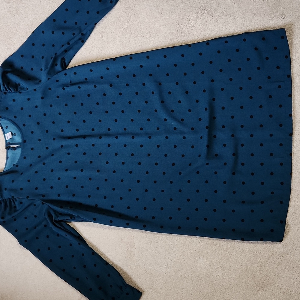 Old Navy Long Sleeve Teal and Black Polka dots Shift Dress - Large